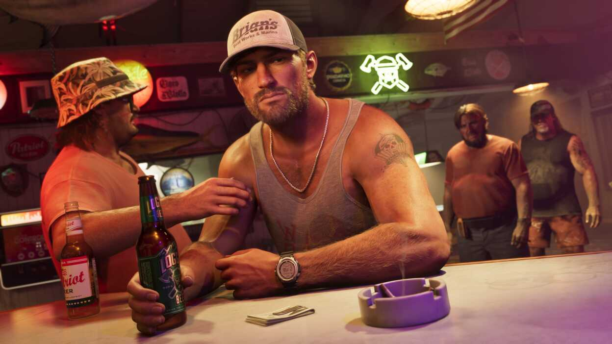 Jason sitting at a neon-lit Vice City dive bar with a beer bottle on the counter